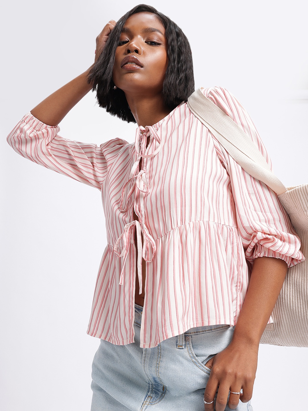 

glitchez Striped Stride Tie-Up Detail A-Line Top, Pink