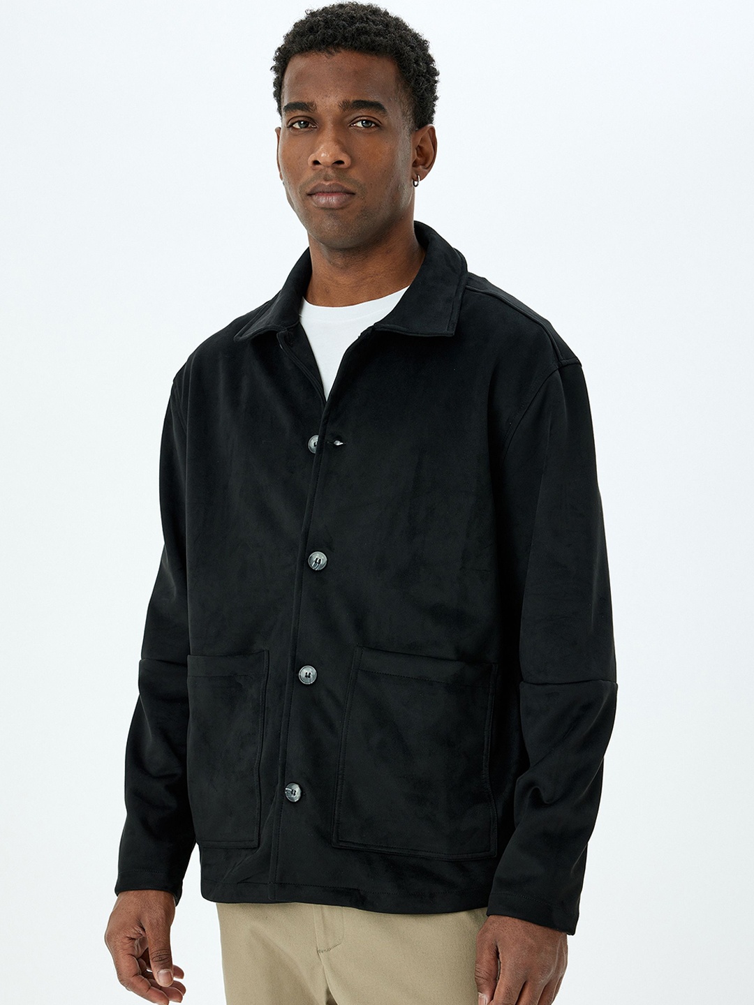 Koton Men Solid Spread Collar Shackets, Black