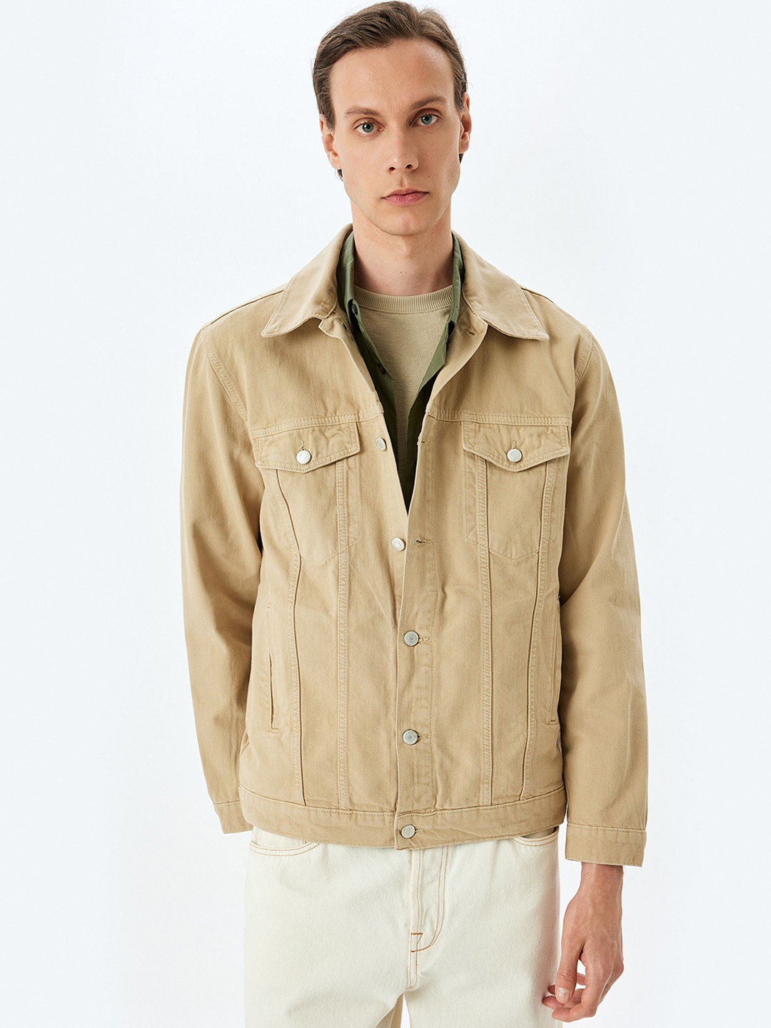 

Koton Men Spread Collar Solid Cotton Casual Denim Jacket, Beige