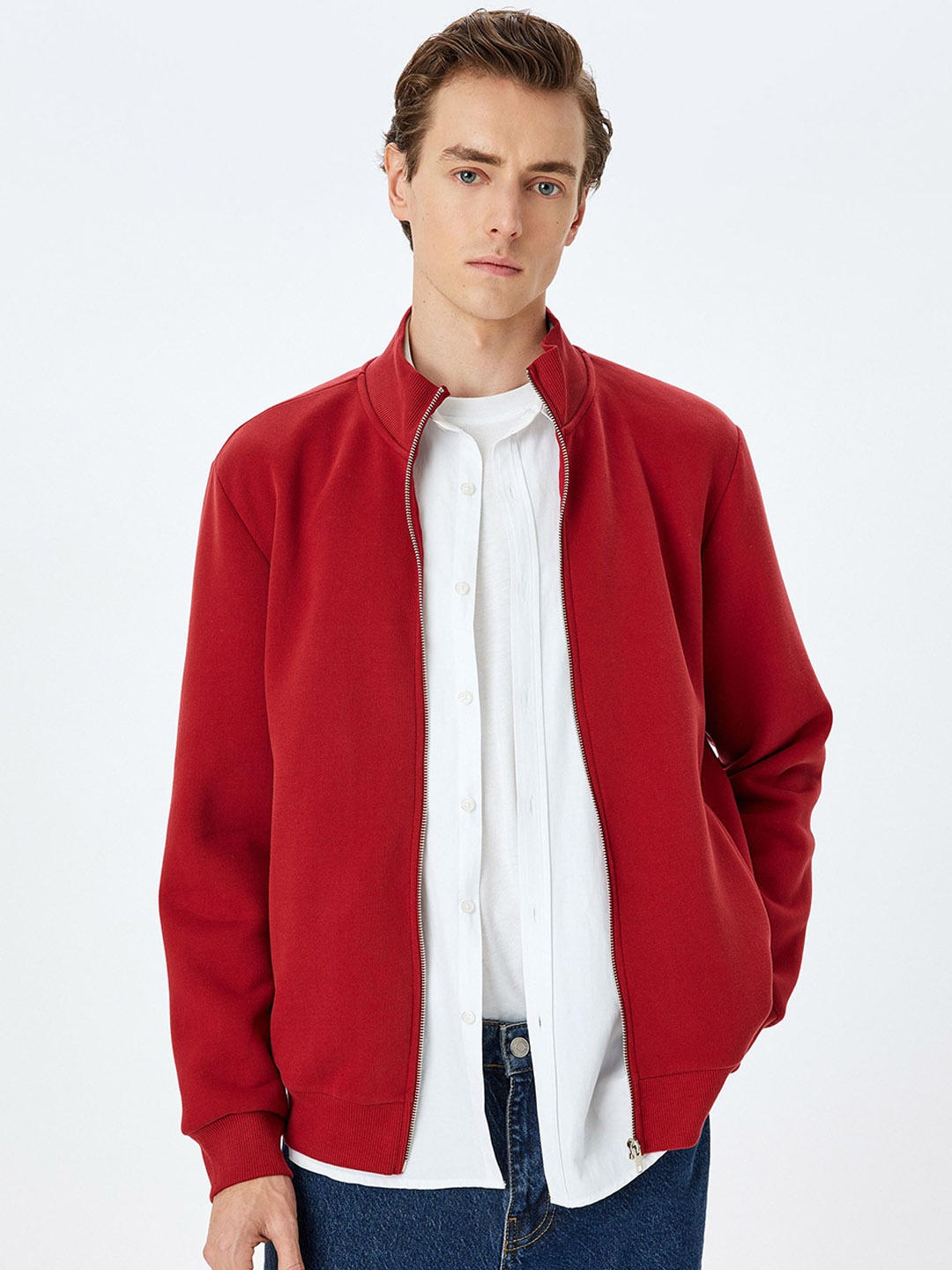 

Koton Men Mock Collar Solid Cotton Casual Bomber Jacket, Red