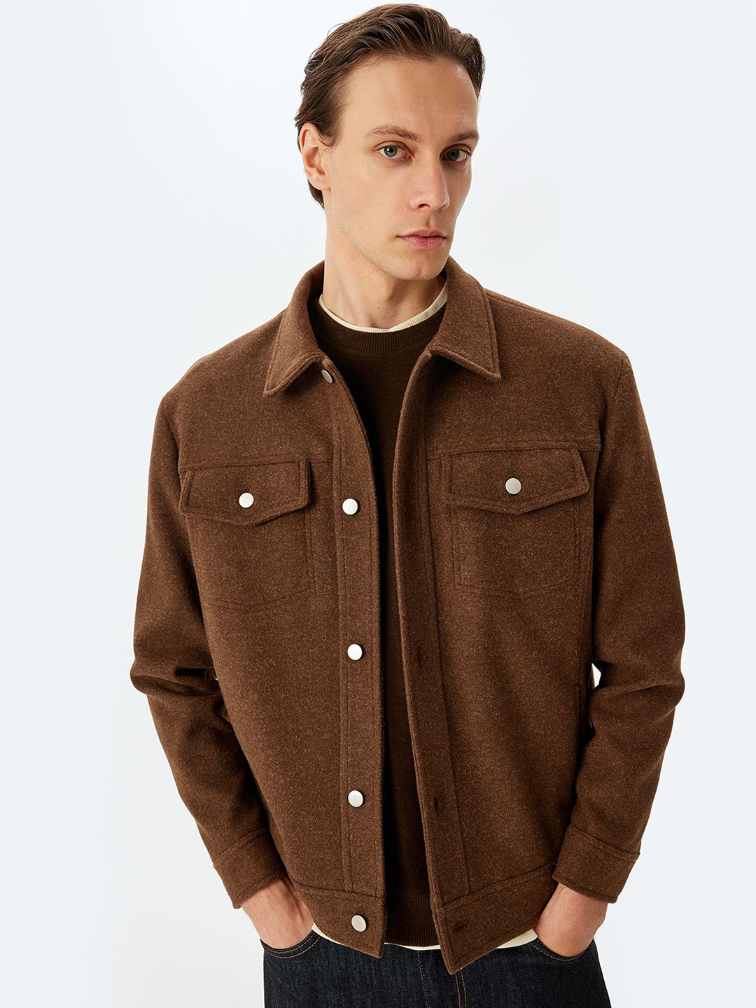 

Koton Men Solid Spread Collar Shackets, Brown