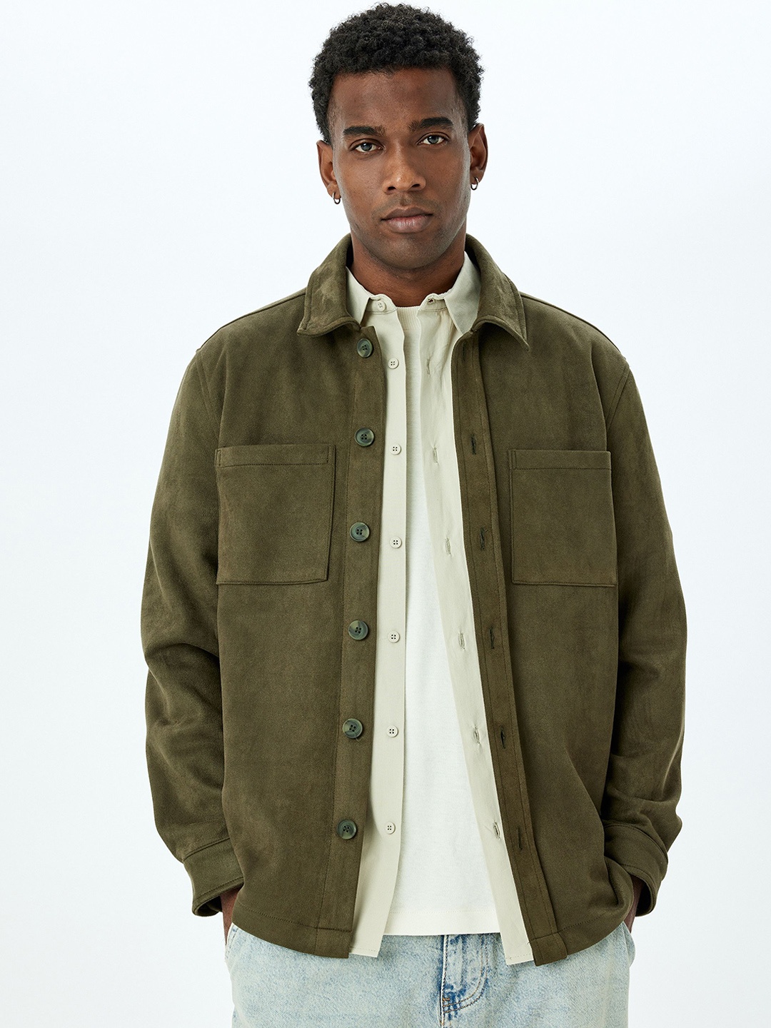 Koton Men Spread Collar Solid Casual Tailored Jacket, Olive