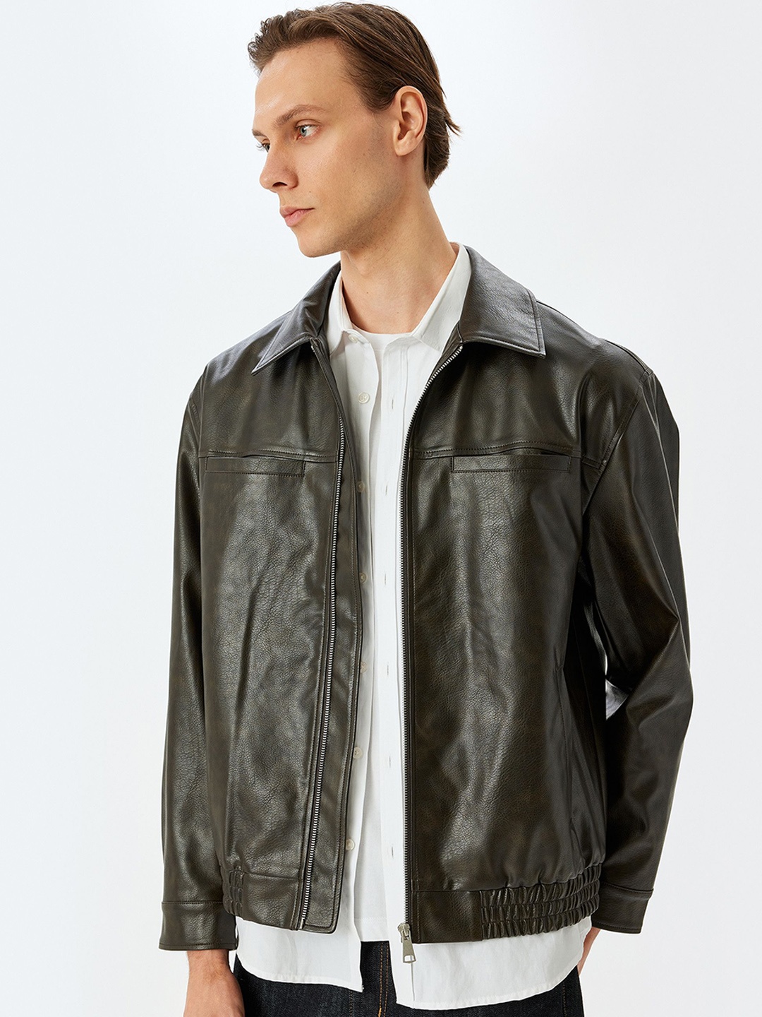 

Koton Men Spread Collar Solid Casual Leather Jacket, Olive