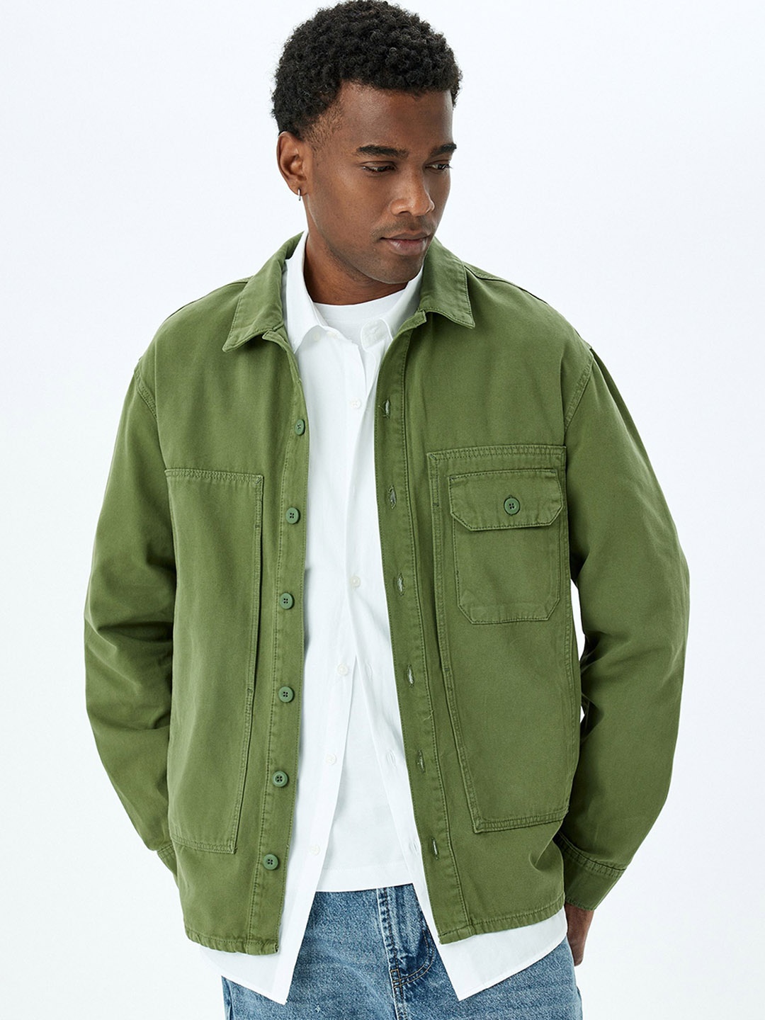 

Koton Men Solid Spread Collar Pure Cotton Shackets, Khaki