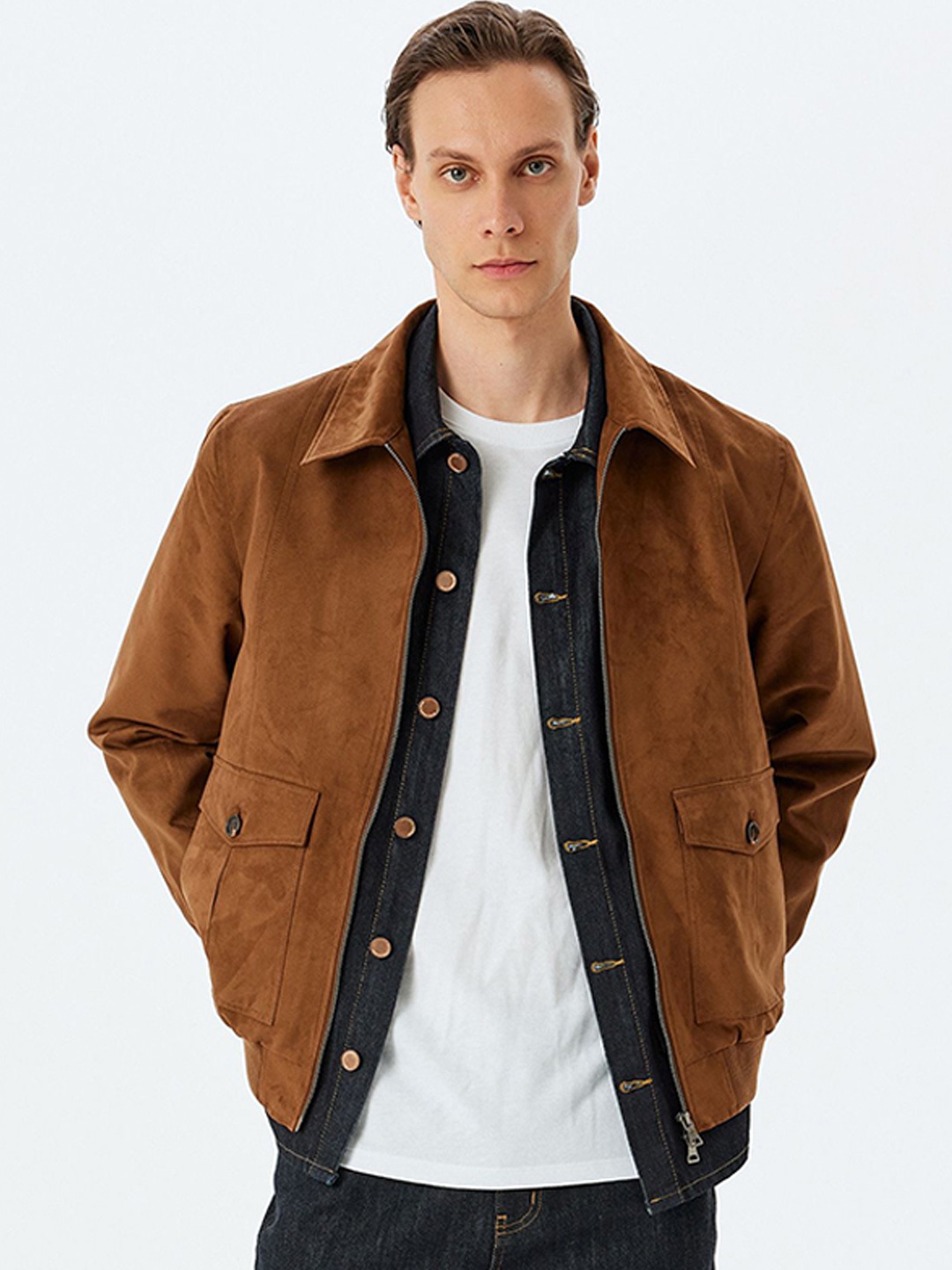 

Koton Men Spread Collar Solid Casual Bomber Jacket, Brown
