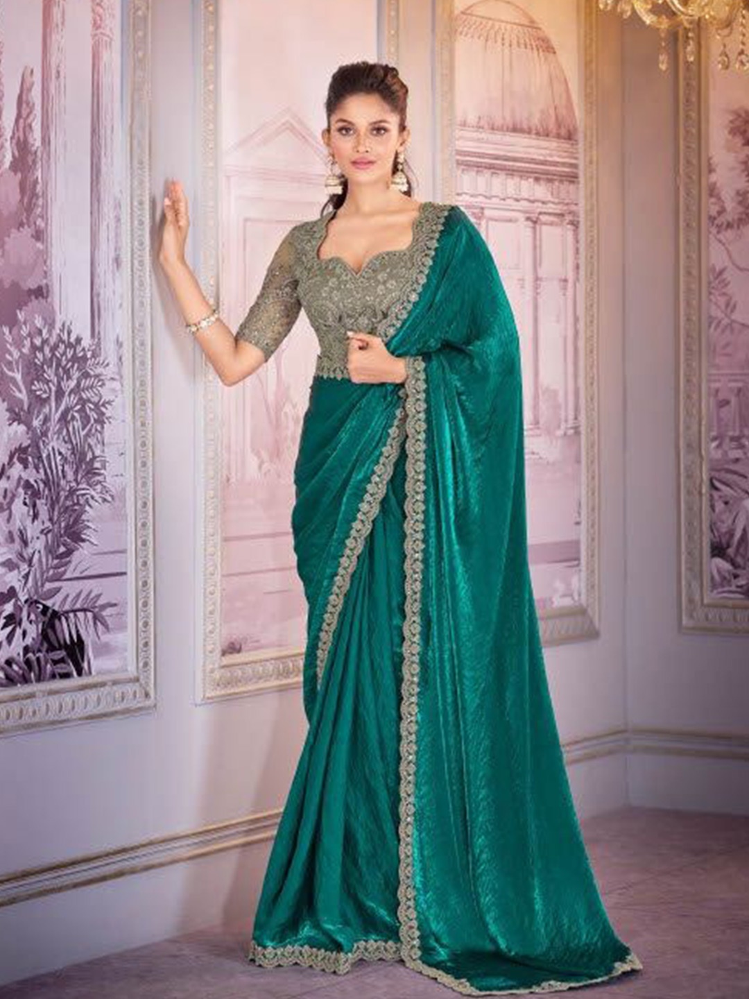

MAHALASA Embellished Embroidered Organza Designer Saree, Teal