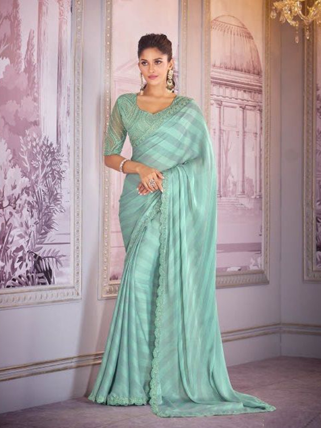 

MAHALASA Women Embellished Embroidered Pure Chiffon Saree, Green