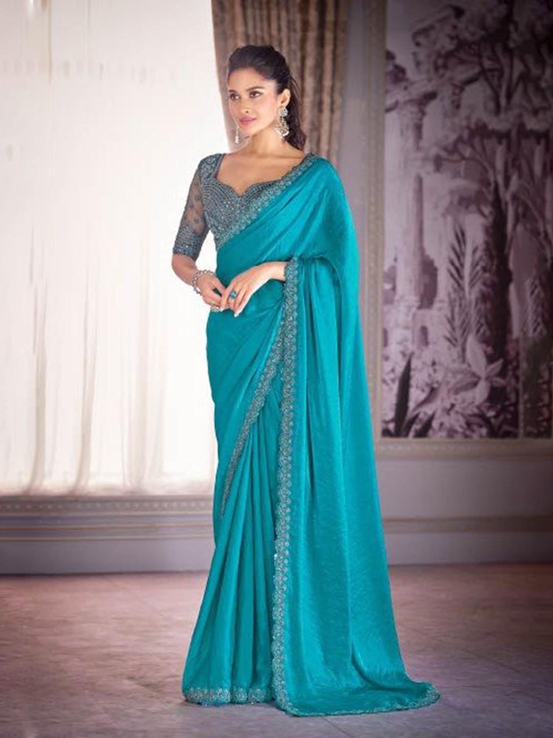 

MAHALASA Embellished Beads and Stones Organza Saree, Turquoise blue