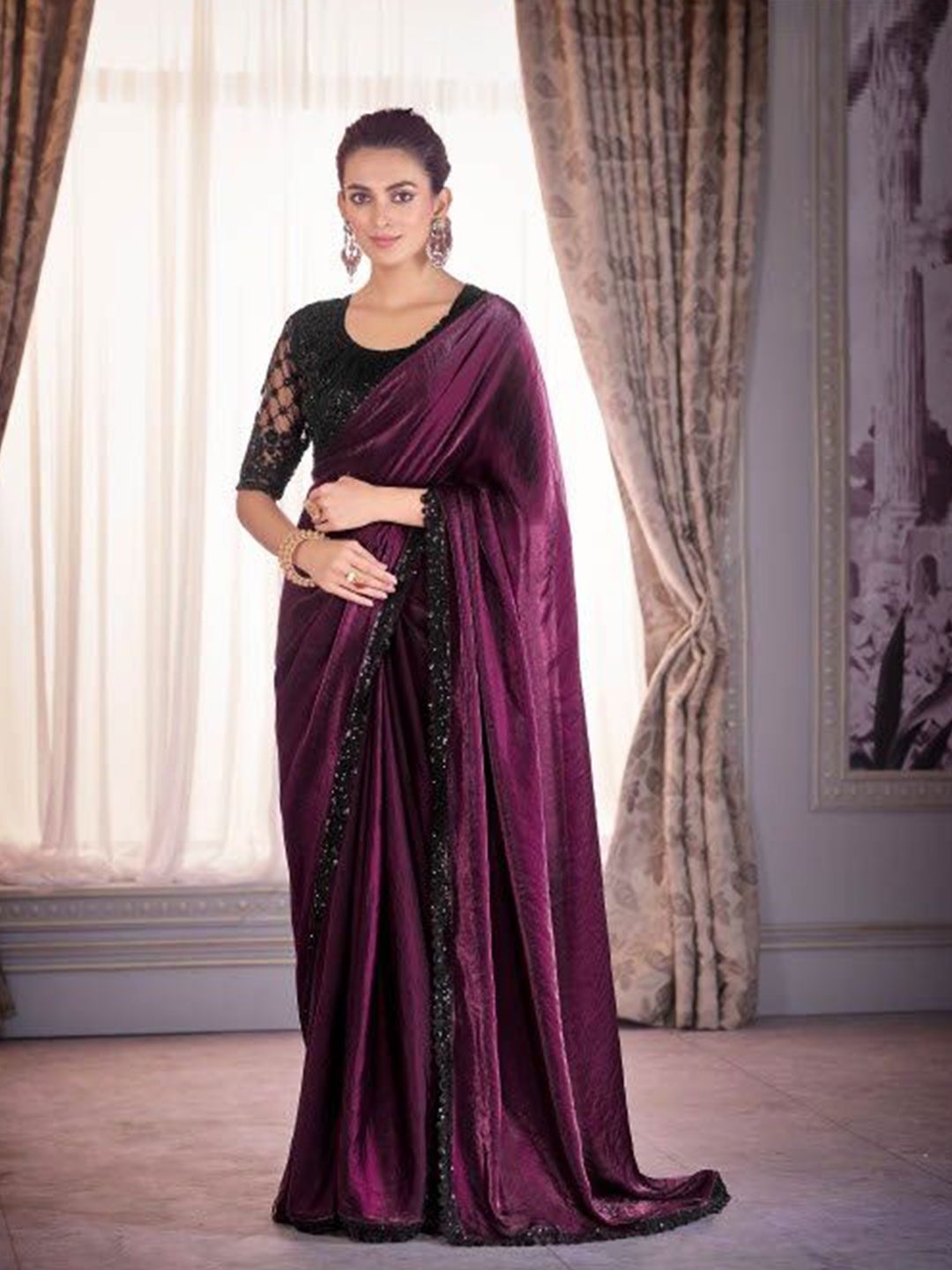 

MAHALASA Embroidered Organza Saree, Burgundy