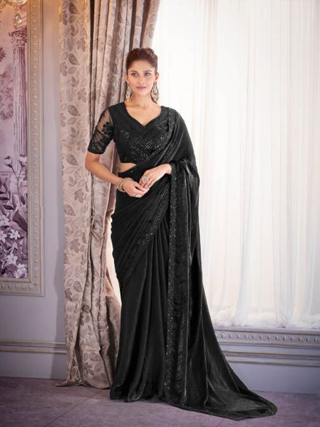 MAHALASA Embroidered Embellished Organza Saree, Black