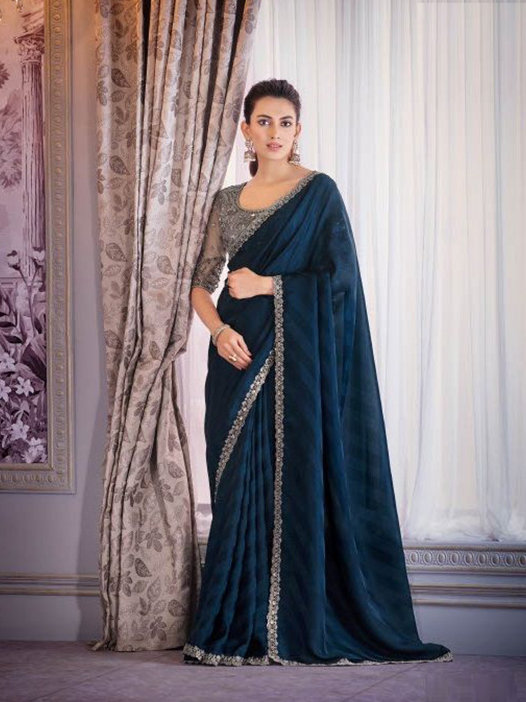 

MAHALASA Embroidered Tissue Saree, Teal