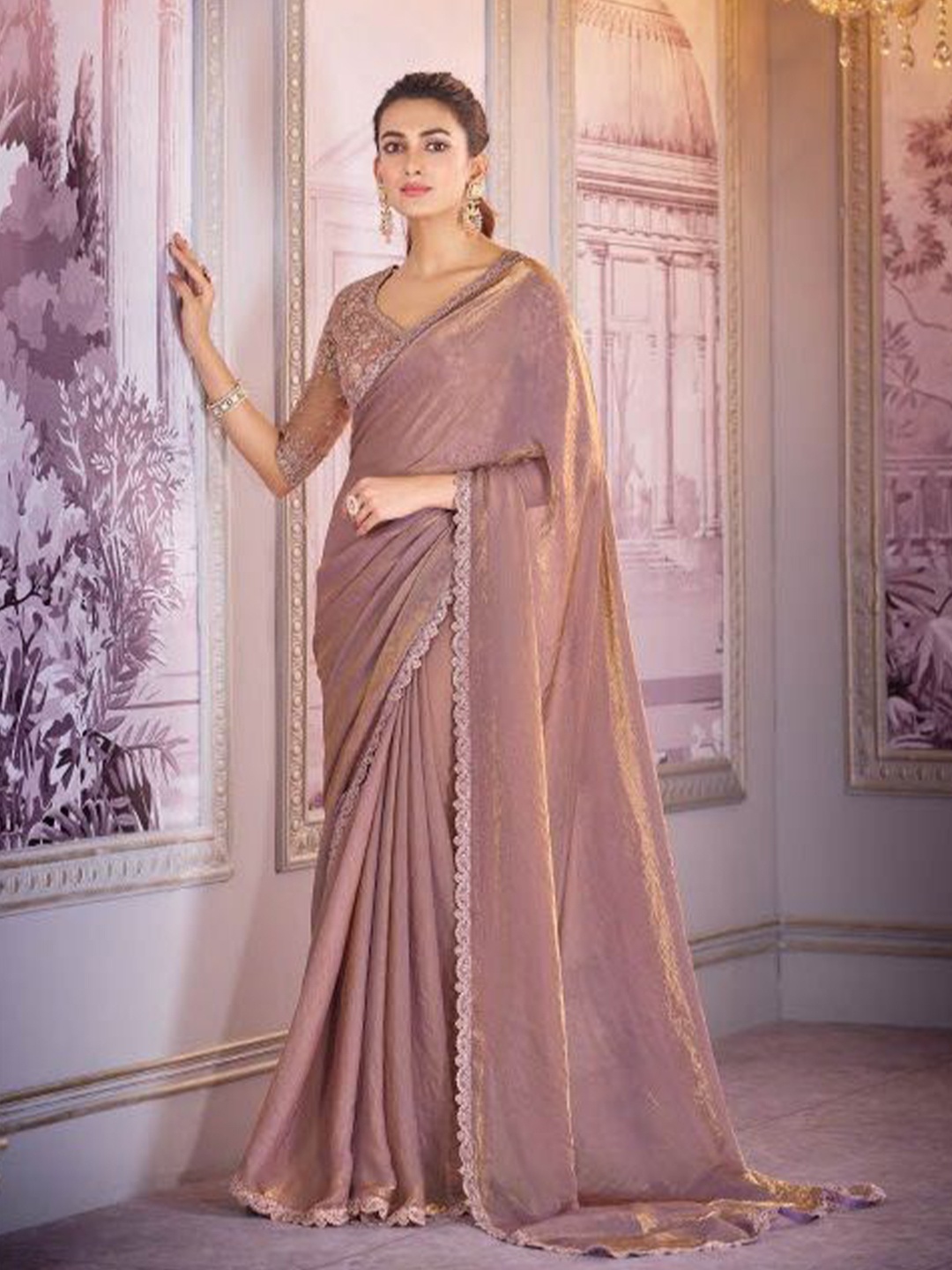 

MAHALASA Embellished Pure Chiffon Saree, Rose gold