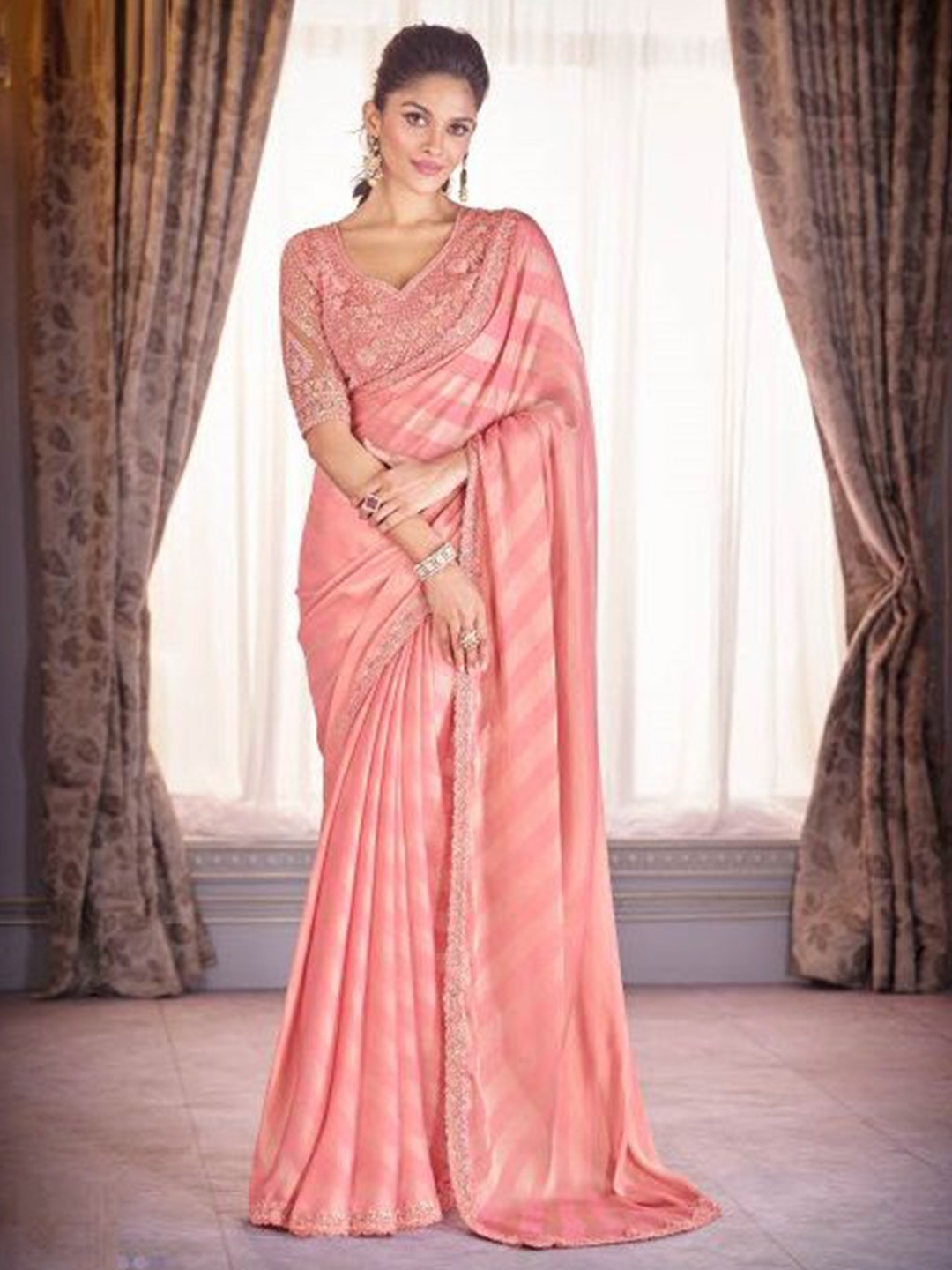 

MAHALASA Striped Embroidered Pure Chiffon Saree, Peach