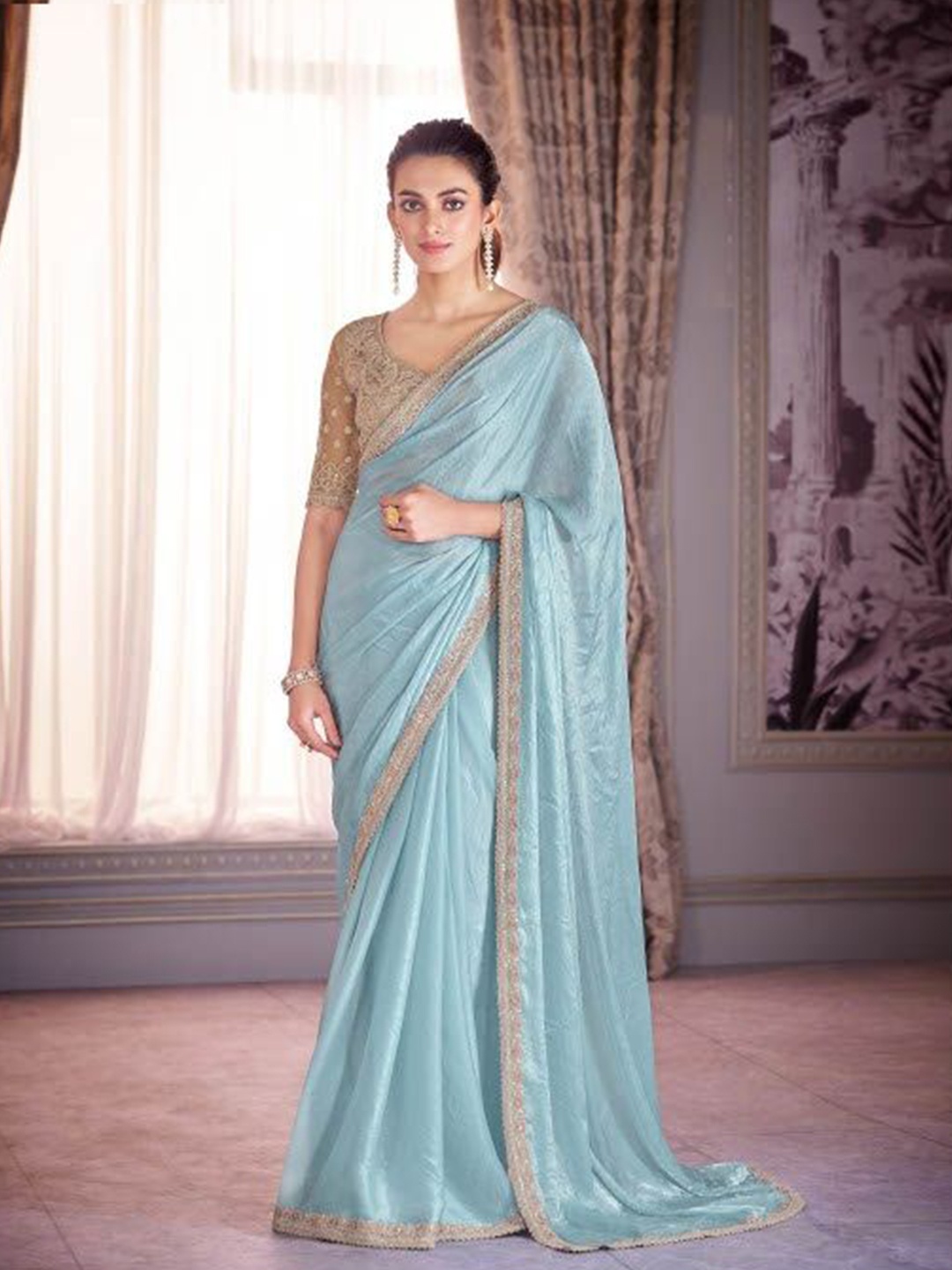 MAHALASA Embroidered Organza Saree, Blue