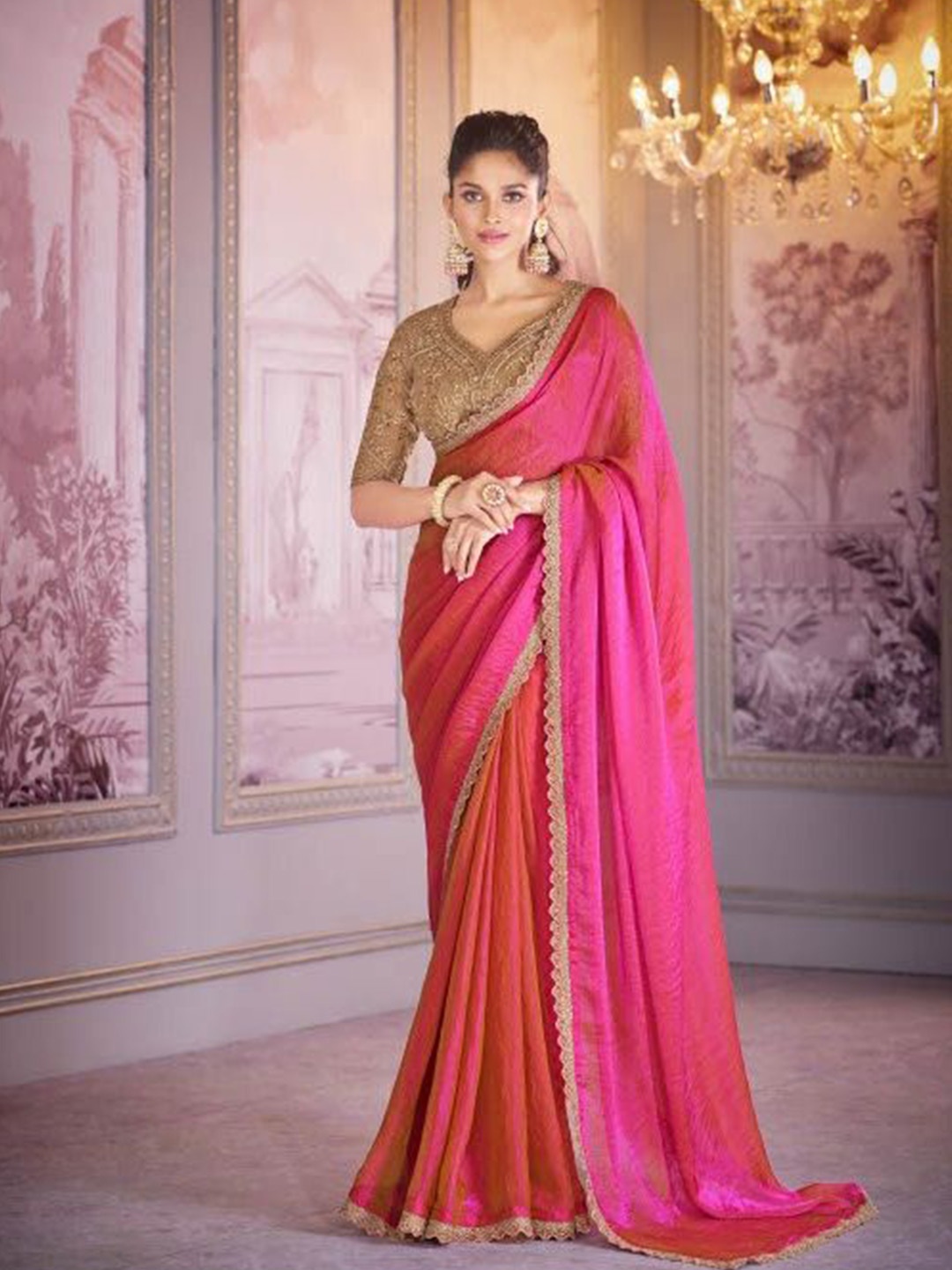 

MAHALASA Embellished Embroidered Organza Designer Saree, Pink