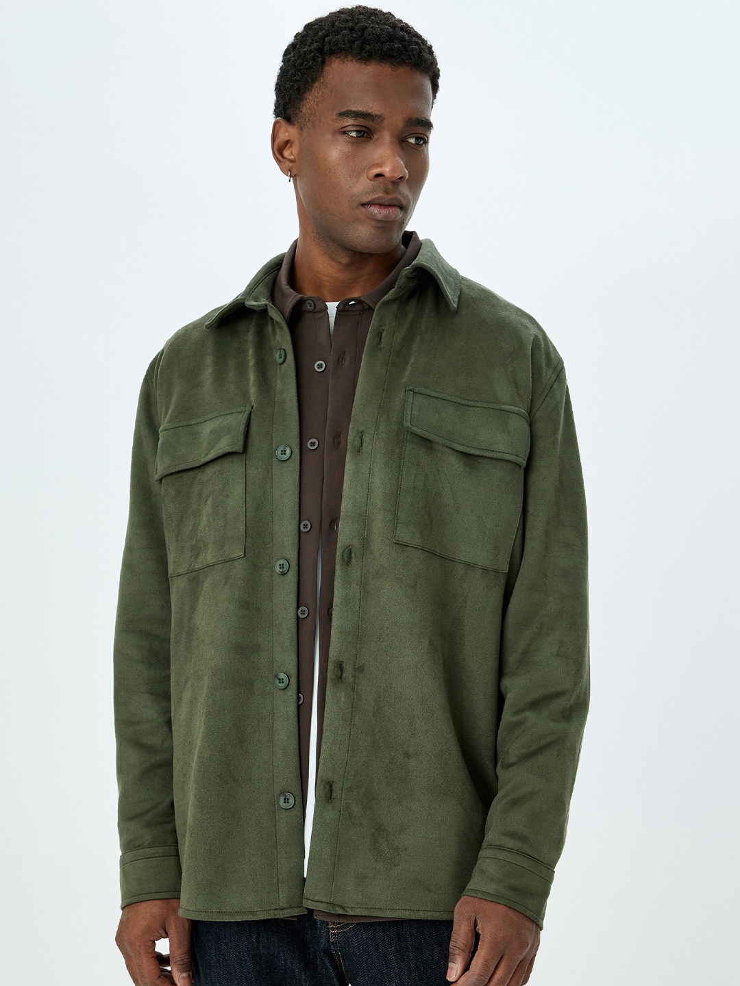 

Koton Men Solid Long Sleeves Relaxed Fit Casual Shacket, Olive