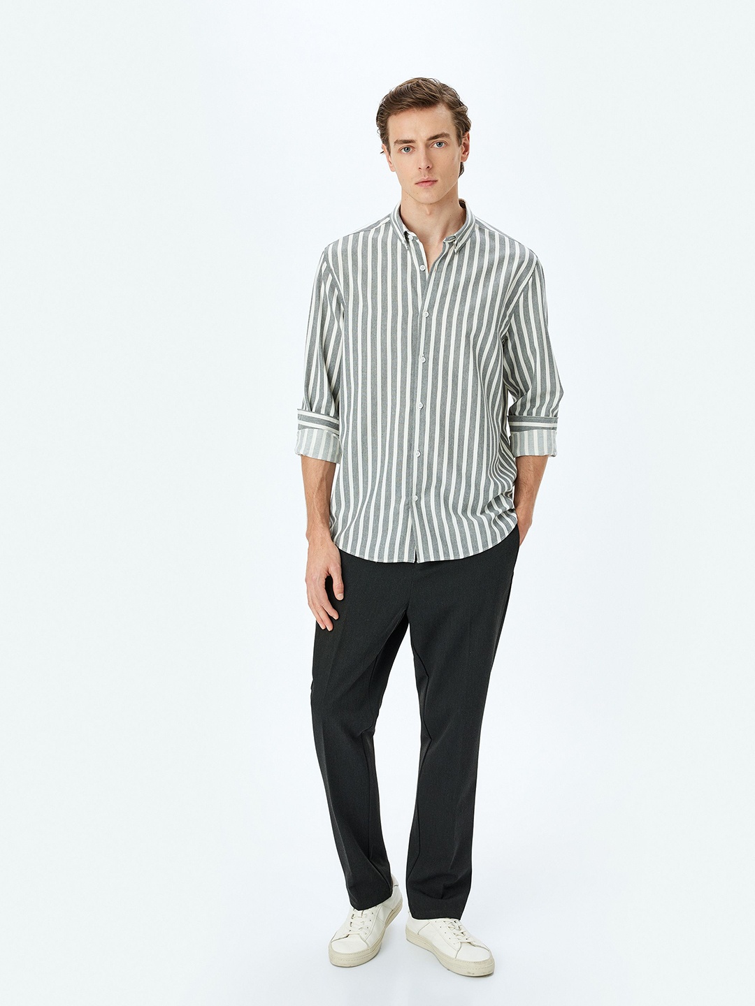 

Koton Men Button-Down Collar Vertical Striped Casual Shirt, Grey