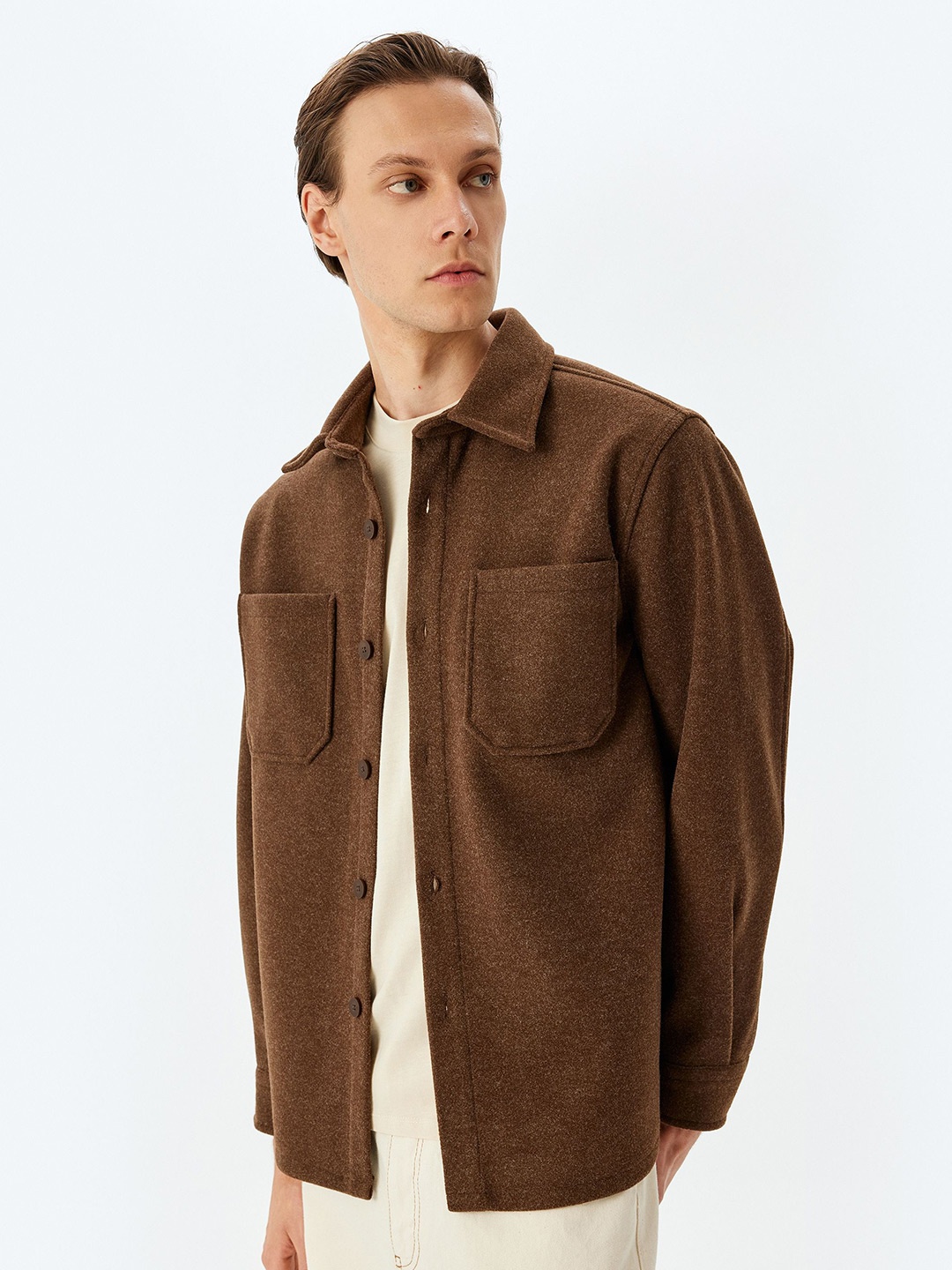 

Koton Men Solid Long Sleeves Relaxed Fit Casual Shacket, Brown