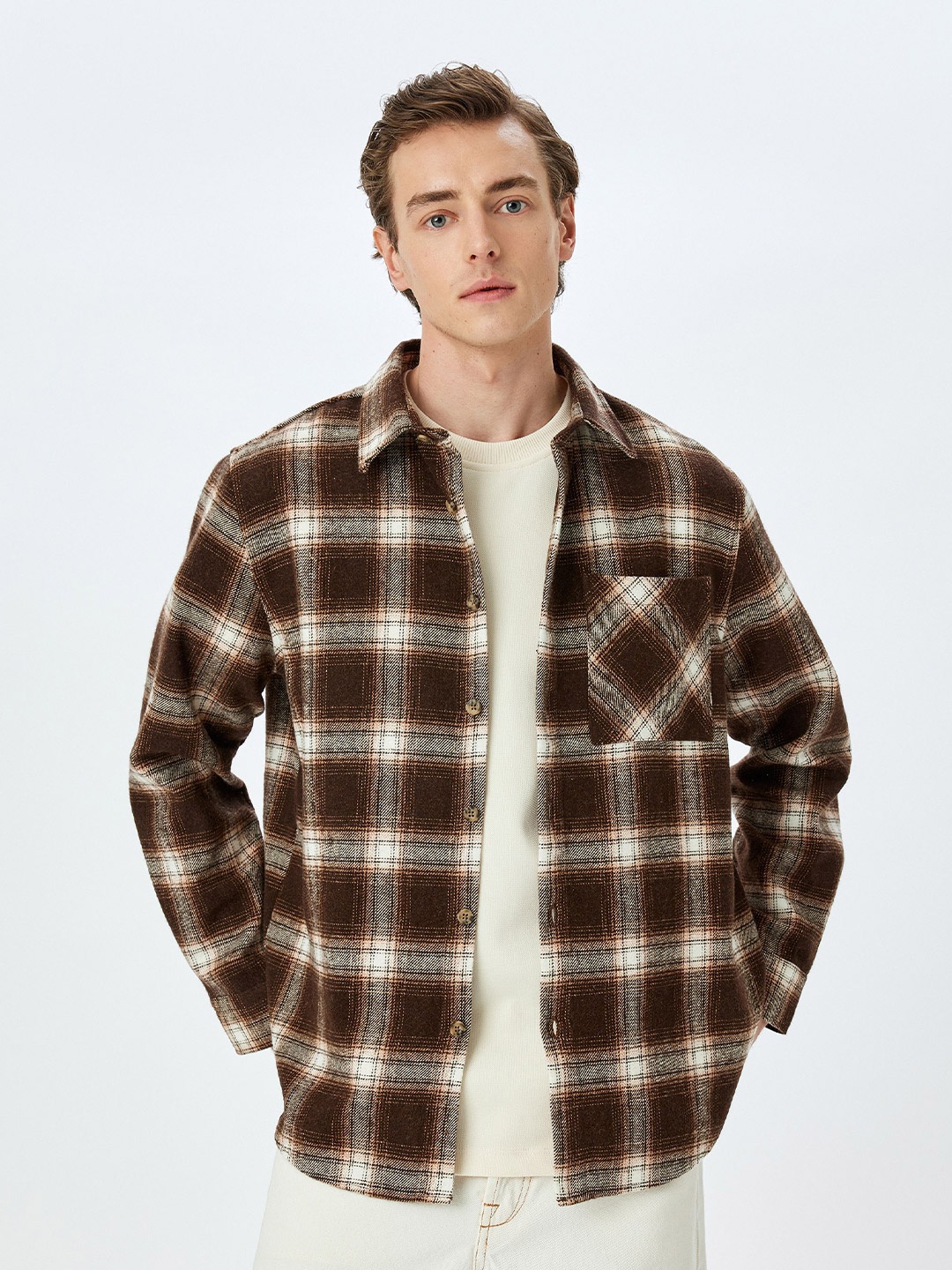 

Koton Men Spread Collar Tartan Checked Casual Shirt, Brown