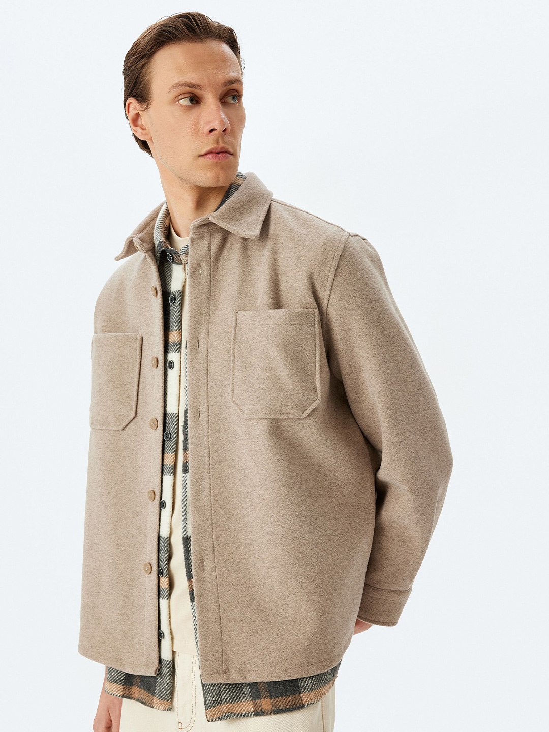 

Koton Men Solid Long Sleeves Relaxed Fit Casual Shacket, Beige