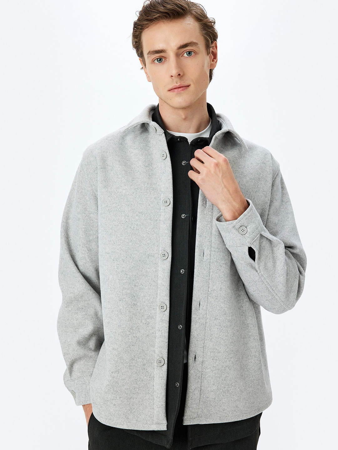 

Koton Men Solid Long Sleeves Relaxed Fit Casual Shacket, Grey