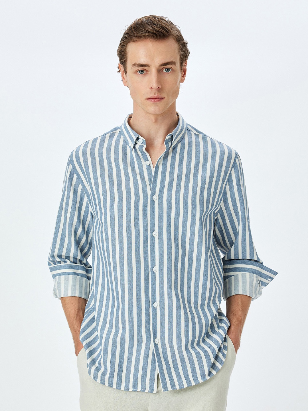 

Koton Men Button-Down Collar Vertical Striped Casual Shirt, Navy blue