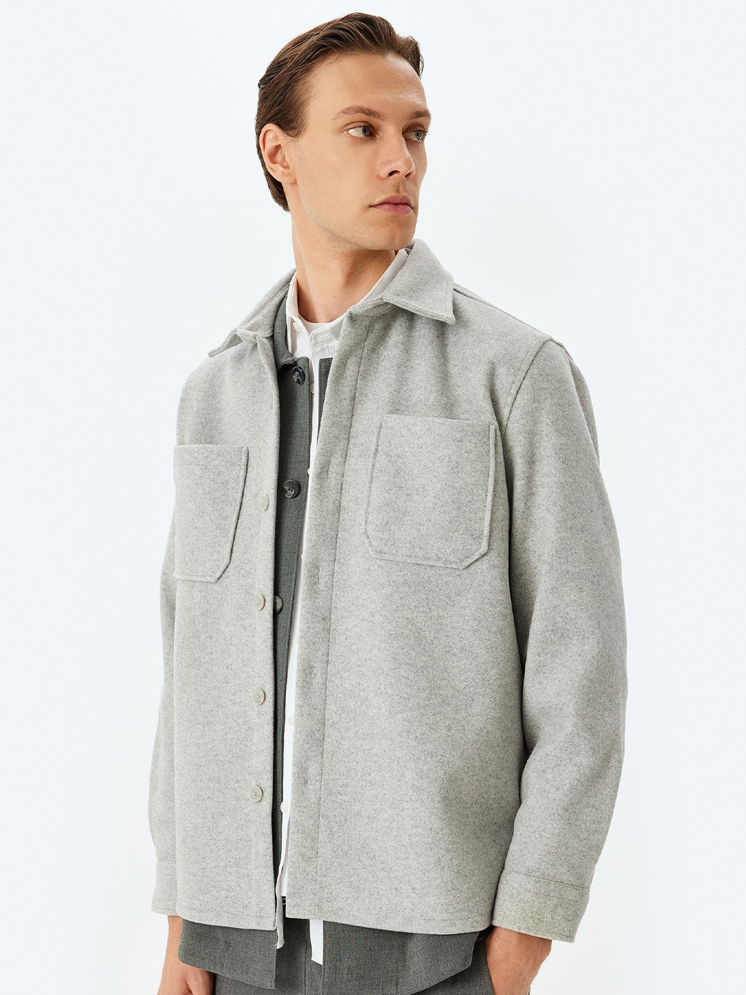 

Koton Men Solid Long Sleeves Relaxed Fit Casual Shacket, Grey