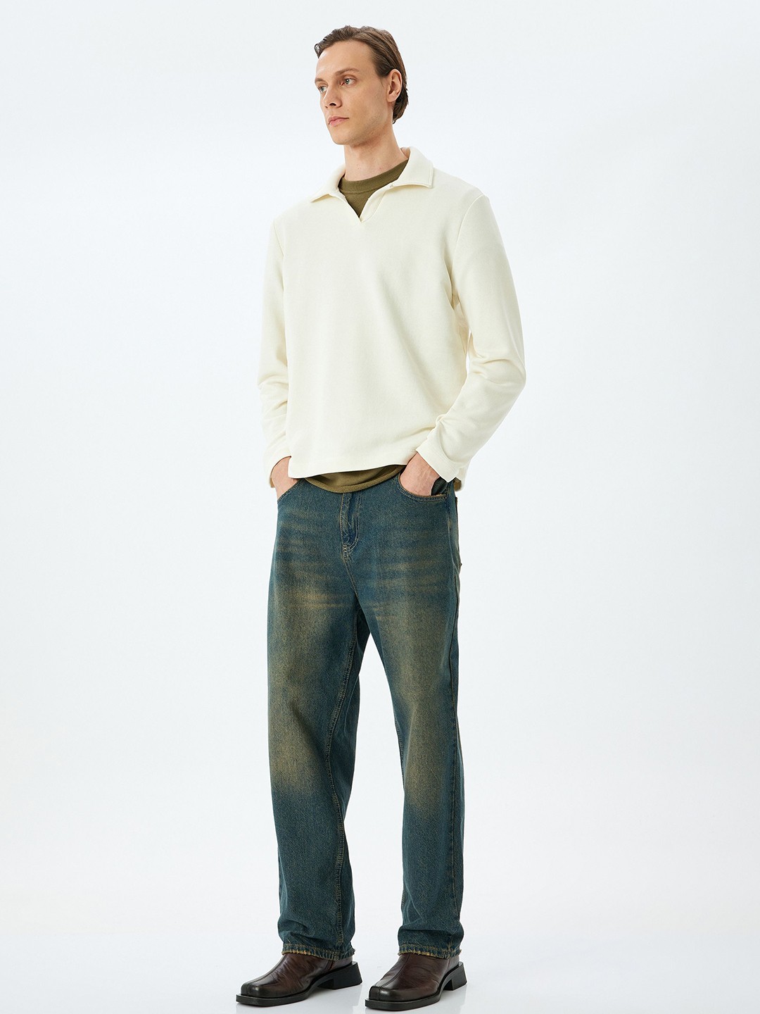 

Koton Men Shirt Collar Pullover Sweatshirt, Beige