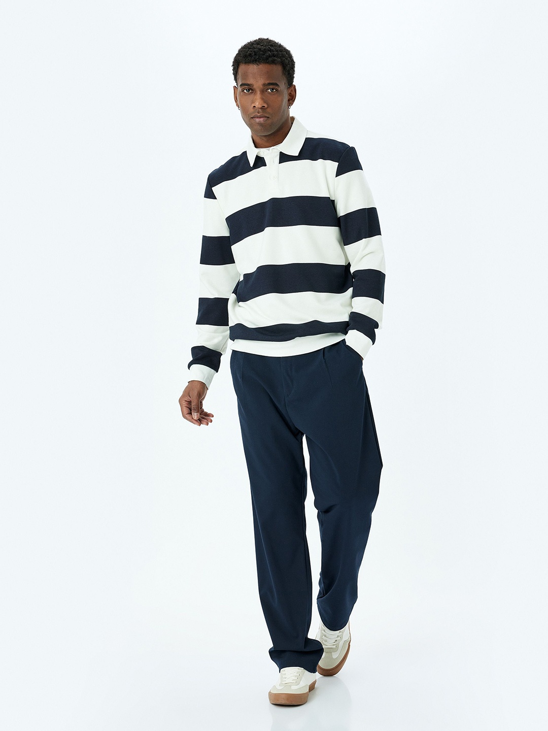 Koton Men Cotton Striped Shirt Collar Sweatshirt, White