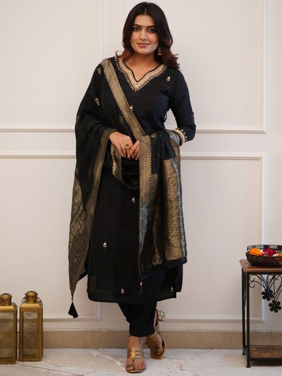 

BLACK SCISSOR Floral Embroidered Chanderi Silk A-Line Kurta with Trousers & Dupatta