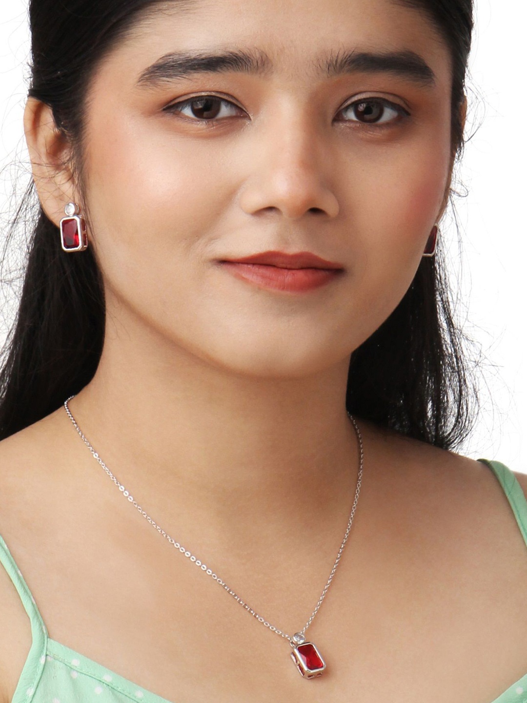 Kord Store Rhodium Plated American Diamond Studded Pendant and Earrings, Silver