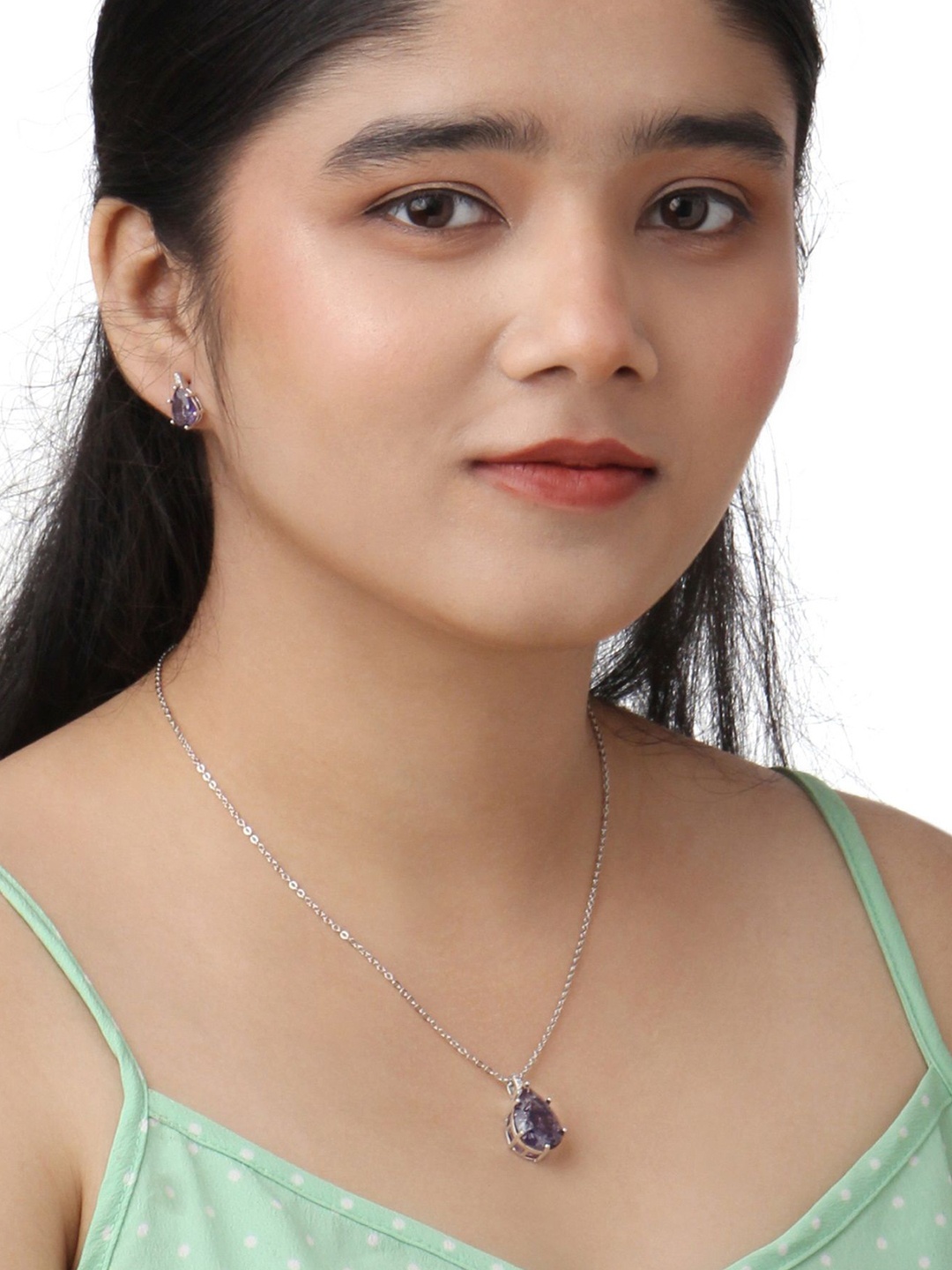

Kord Store Rhodium-Plated American Diamond Studded Pendant and Earrings, Silver