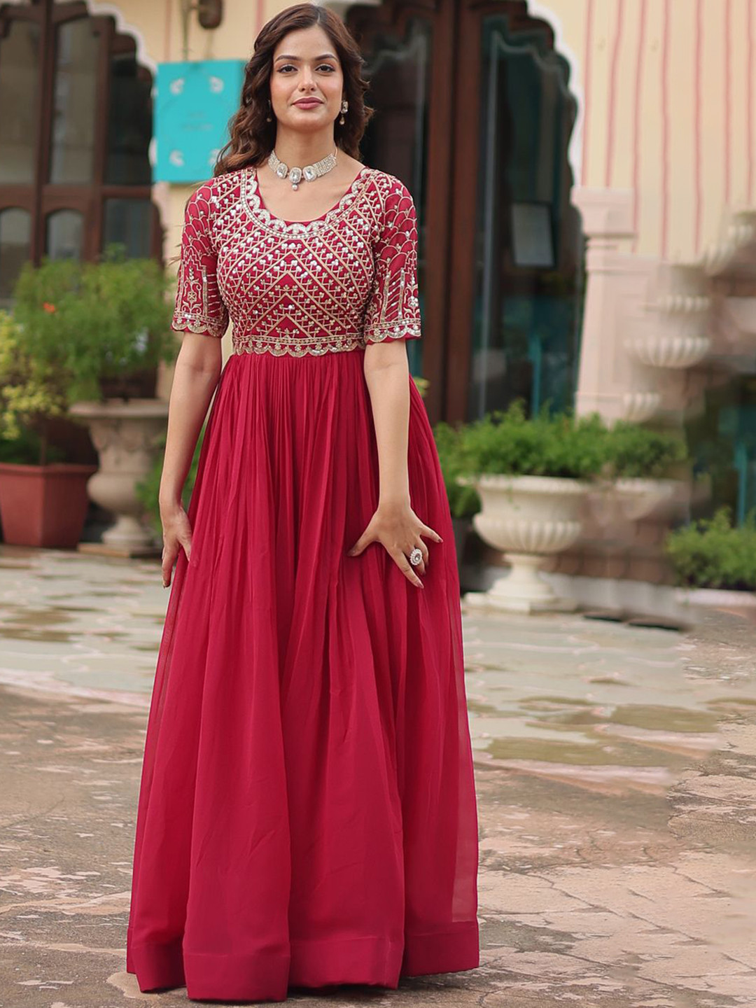 

KALINI Embroidered Sequined Detail Ethnic Maxi Dresses, Pink