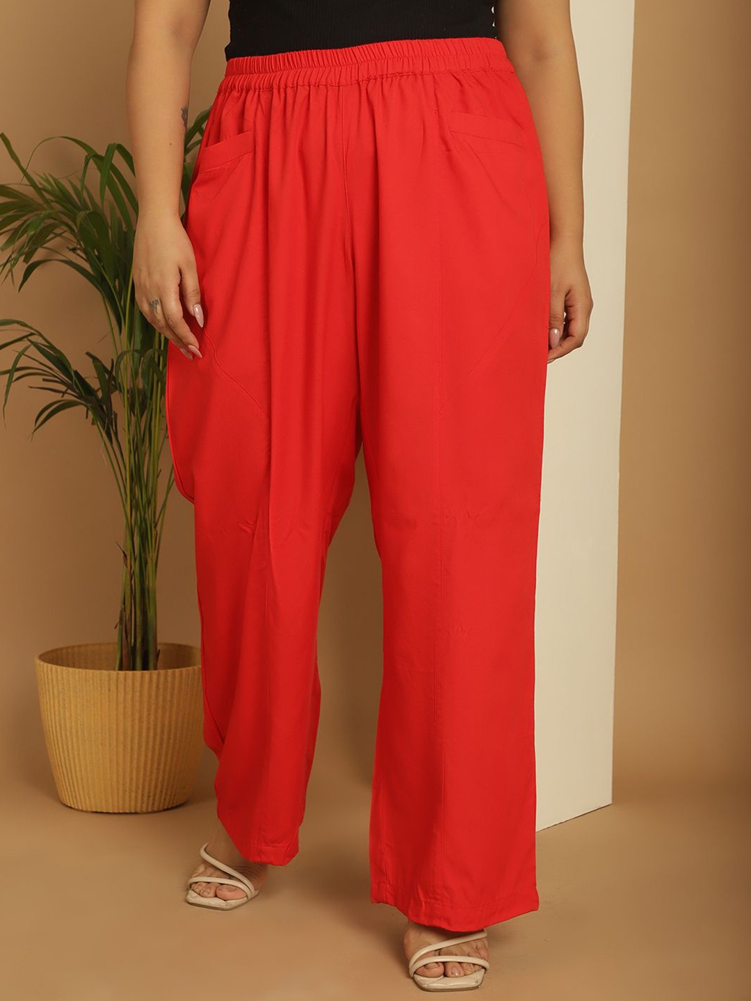 

theRebelinme Women Plus Size Flared Palazzos, Red