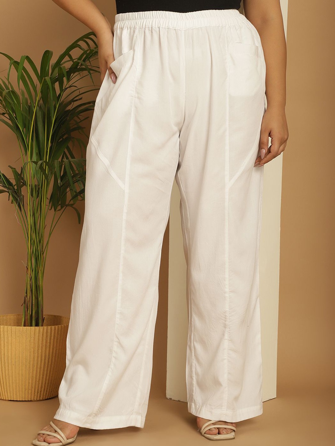 

theRebelinme Women Plus Size Flared Palazzos, White