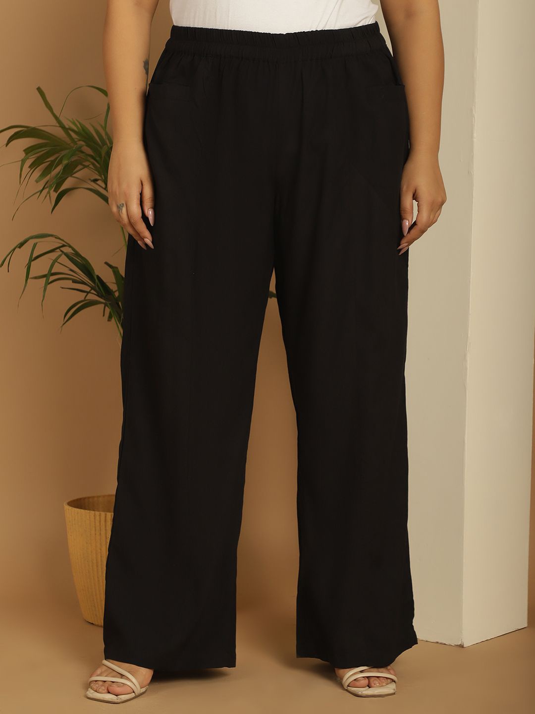 

theRebelinme Women Plus Size Flared Palazzos, Black