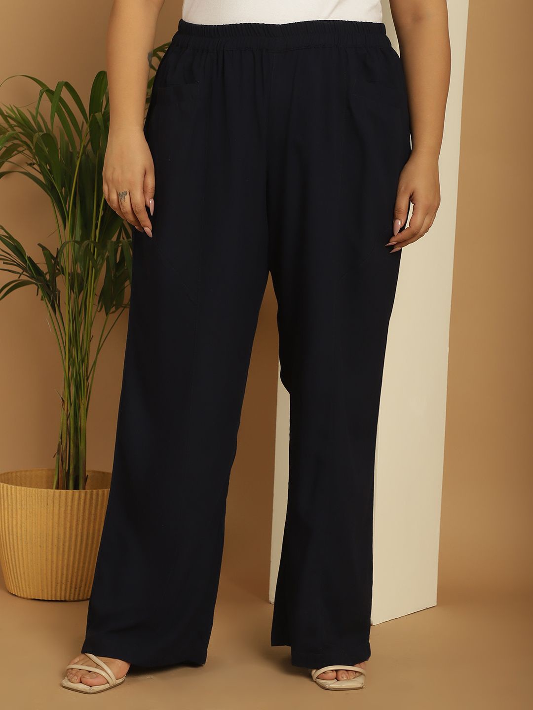 

theRebelinme Women Plus Size Flared Palazzo, Navy blue