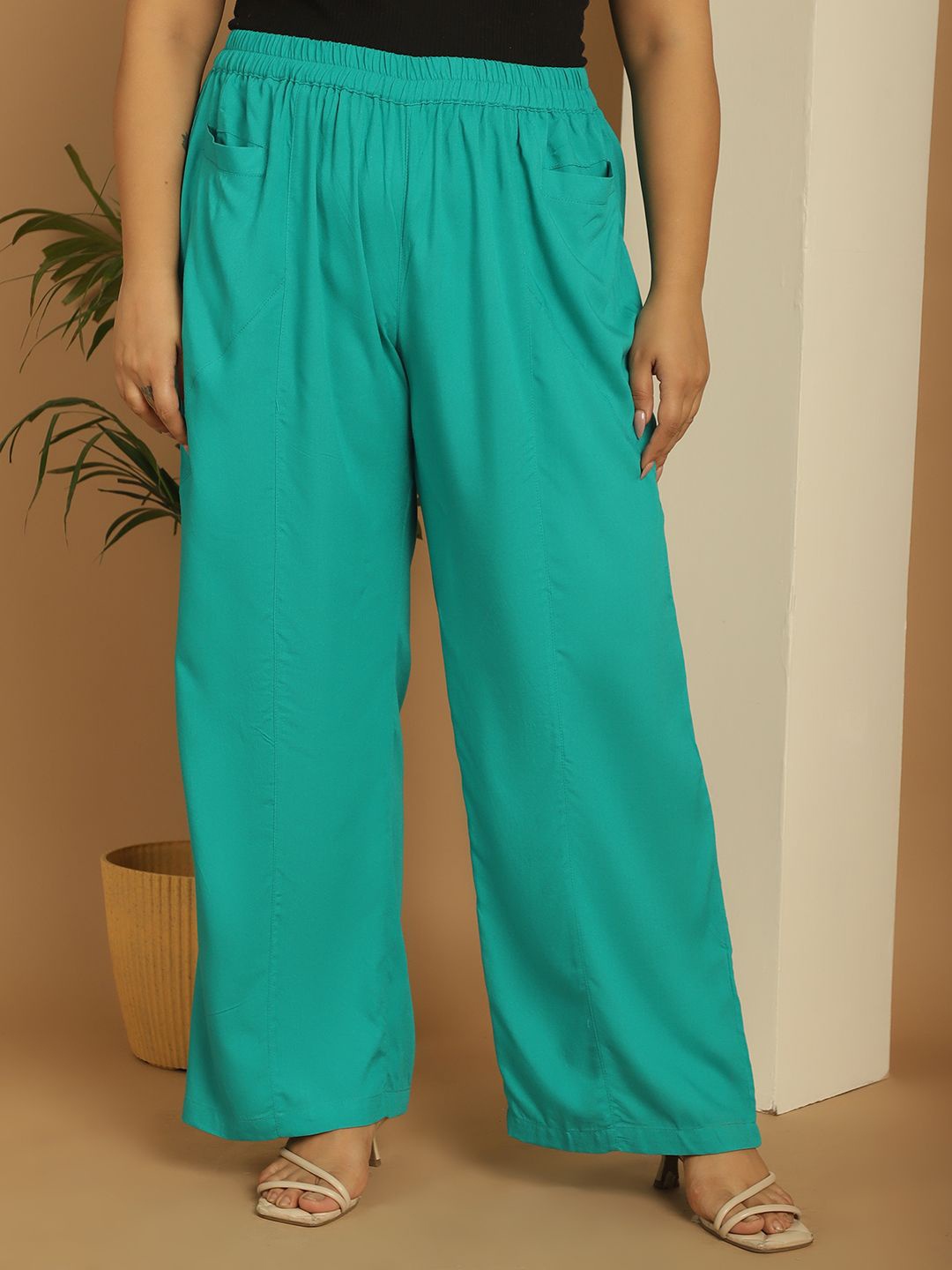 

theRebelinme Women Plus Size Flared Palazzos, Teal