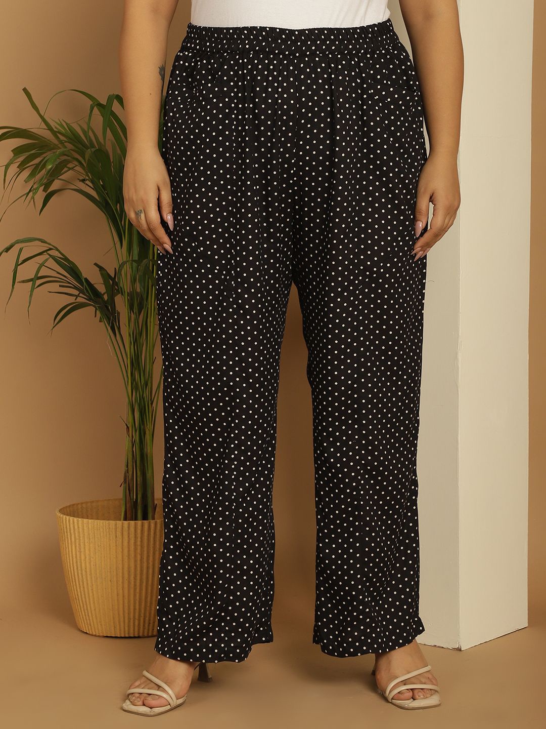 

theRebelinme Women Plus Size Polka Dot Printed Flared Palazzos, Black