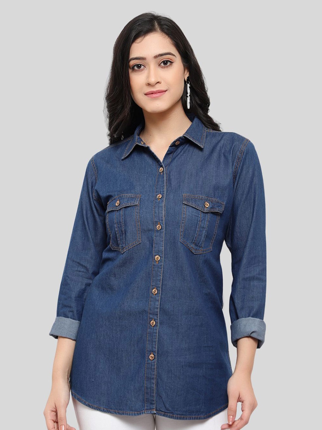 

MANTICORE Women Spread Collar Faded Cotton Casual Shirt, Blue