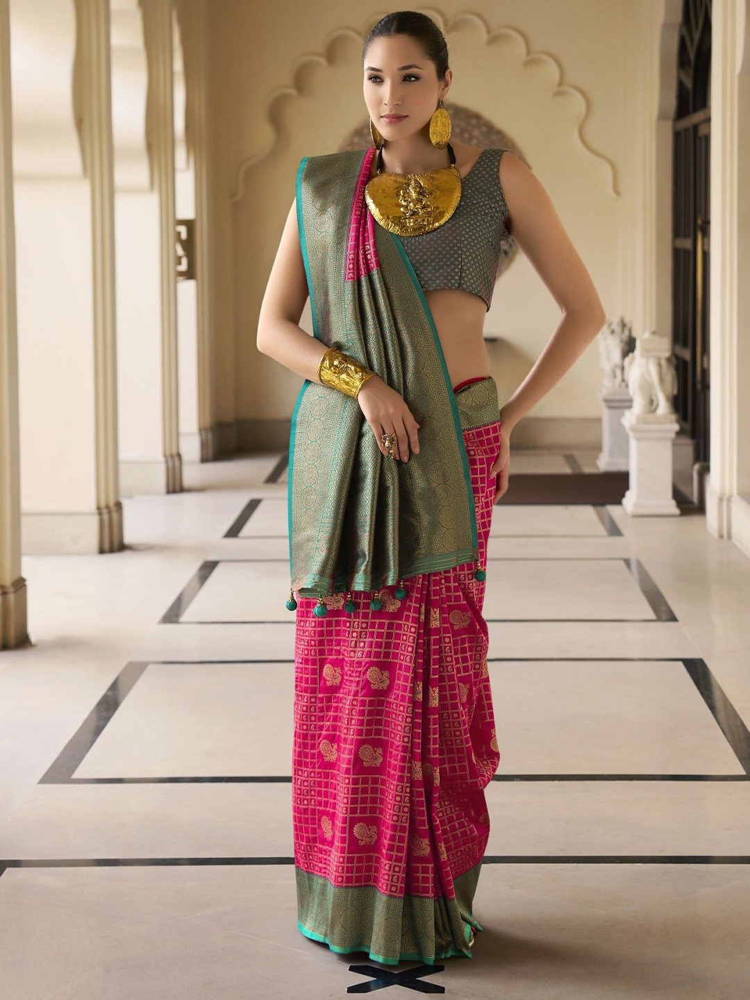 MAHALASA Ethnic Motifs Zari Pure Silk Kanjeevaram Saree, Pink