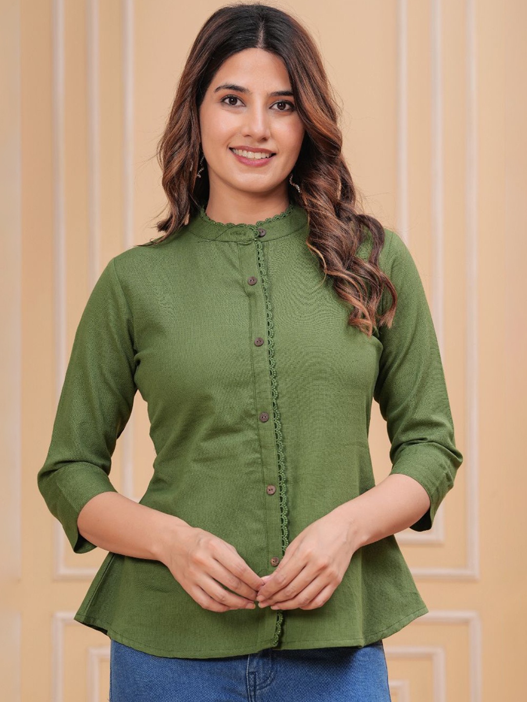 KALINI Women Mandarin Collar Regular Top, Green