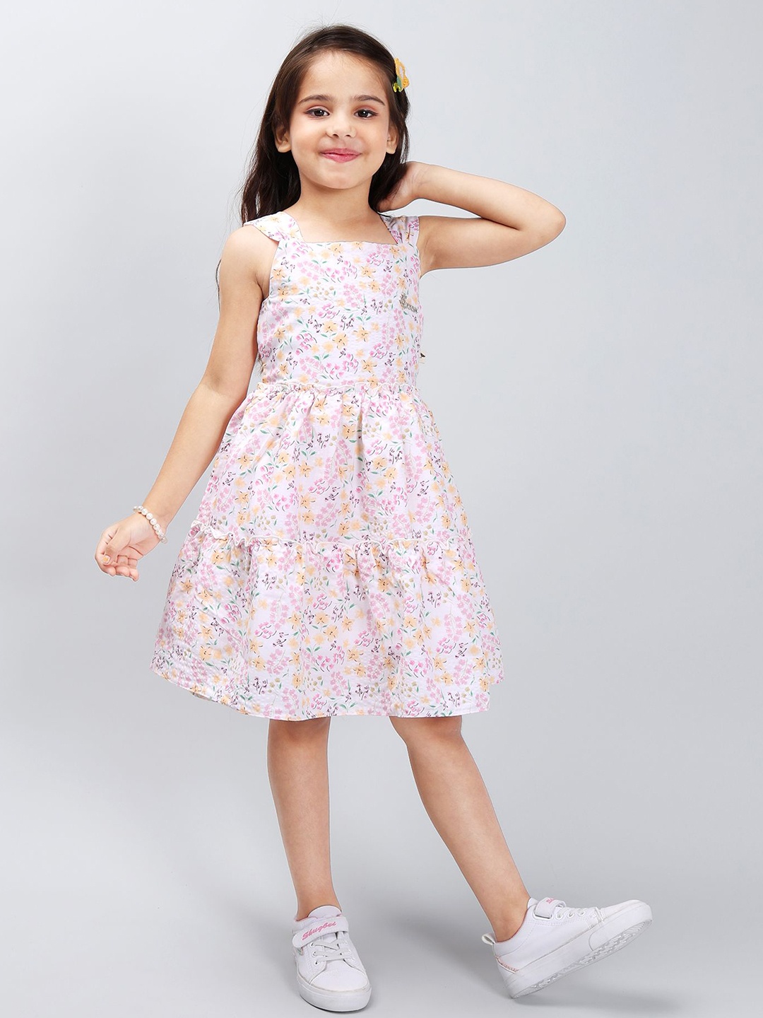 PINK MERMAID Girls Cotton Floral Printed Fit and Flare Dress, White