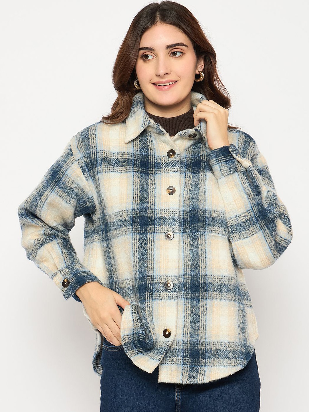 

Madame Women Checked Relaxed Fit Shacket, Beige