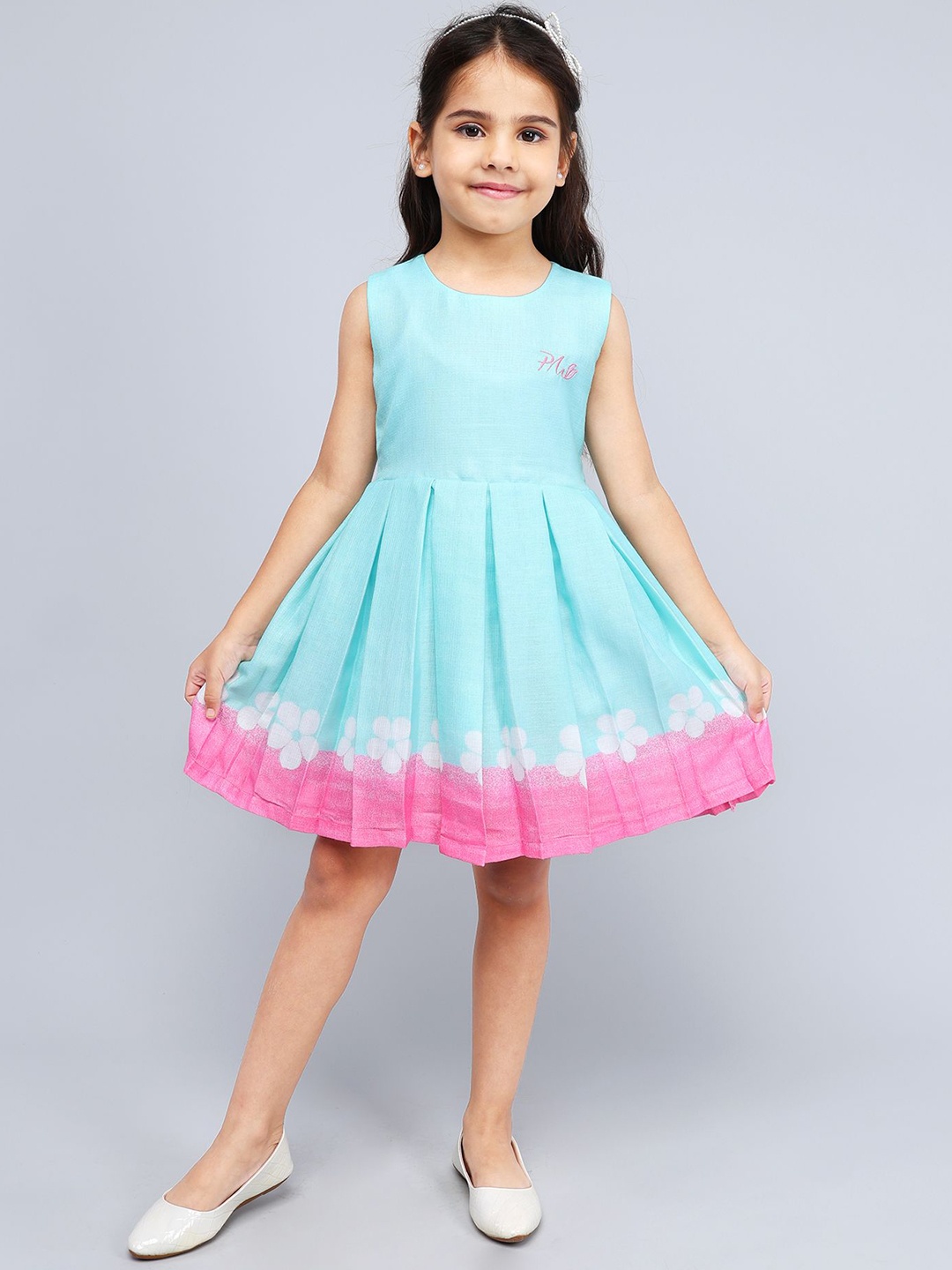 

PINK MERMAID Girls Floral Printed Pure Cotton Fit and Flare Dress, Blue