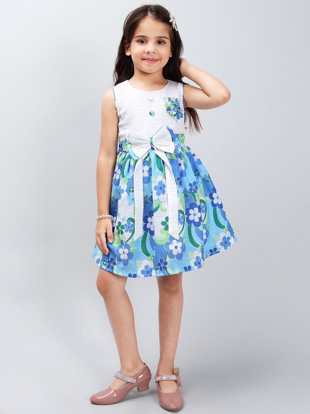 

PINK MERMAID Girls Print A-Line Cotton Dress, Blue