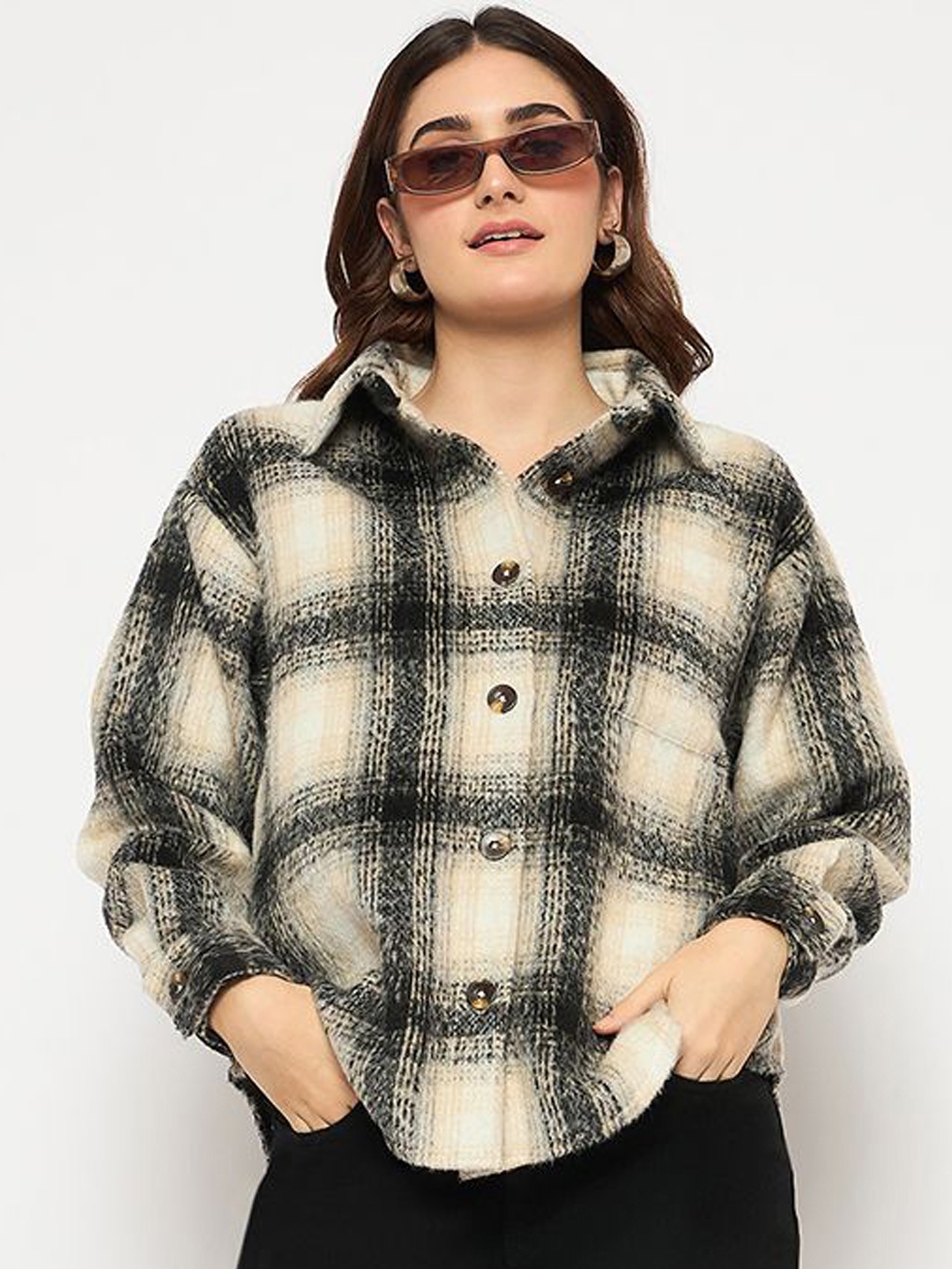 

Madame Checked Relaxed Fit Shacket, Beige