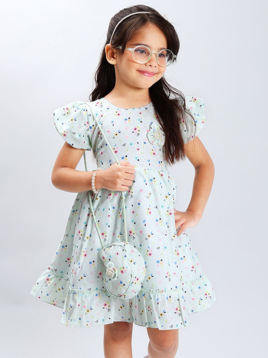

PINK MERMAID Girls Print Flutter Sleeve A-Line Dress, Green