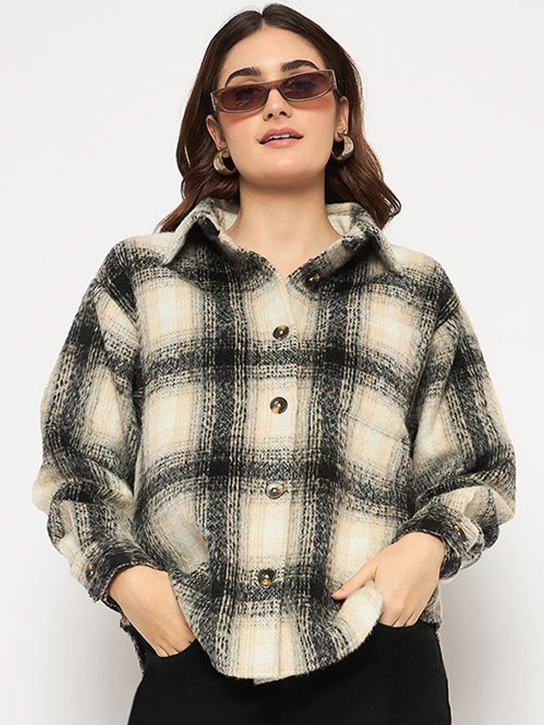 

Madame Checked Spread Collar Relaxed Fit Shacket, Beige
