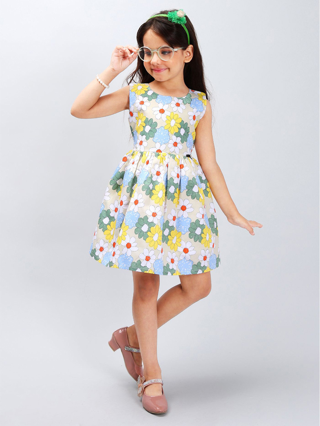 

PINK MERMAID Girls Floral Printed Cotton Fit & Flare Dress, Yellow